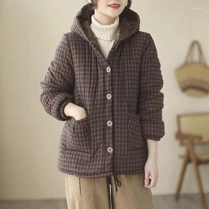 Damenjacken Retro Art Kapuzenjacke Plaid Verdickt Lose Große Größe Schnürung Langarm Lässig Vielseitig Warmer Baumwollmantel Z3566