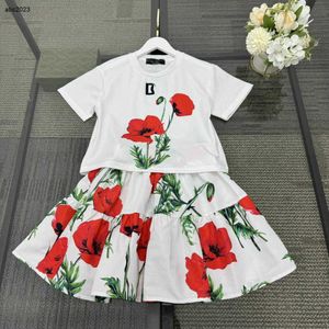 Classics baby clothes kids tracksuits girls dress two-piece set Size 110-160 CM Red flower and green leaf patterns T-shirt and short skirt 24Mar