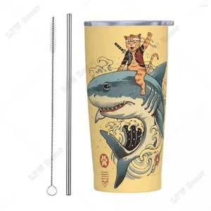 Tumblers Japanese Katana Shark Tumbler With Straw Cat Sharks Rostfritt stål Mugg Double Wall Vacuum isolerade för kallt och 20oz