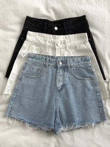 Koreansk hög midja rå kant denim shorts kvinnor sommar grundläggande knappficka denim shorts gata denim byxa 240318