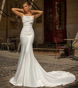 Classy Long Crepe Straight Neck Garden Wedding Dresses Mermaid Ivory Pleated Open Back Sweep Train Bridal Gowns for Women
