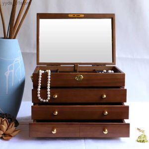 Biżuteria Smart Organizer 4 -Wierstwowe biżuterie Woden Craft Box 11.4*7,5*8,5 cala pulpitu Naturalne drewniane drewniane drewniane pudełko ręczne do dekoracji L240323