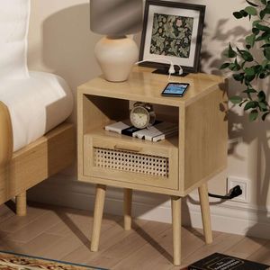 Choochoo Rattan Charging Station, Bohemian Bedside Table with Drawers, Wooden Decorative Side Table, Suitable for Bedrooms, Living Rooms, and Small Spaces,