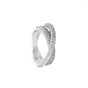 Anéis de cluster 2024 Valentine's Timeless Pave Crossover Dual Band Anel Sterling Silver Jóias para Mulher DIY Party Make Up Casamento