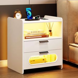 Bedside Charging Station: the Equipped LED Lights and Intelligent Human Sensors. Modern Bedside Table with Drawers is Suitable for Bedroom Furniture in White