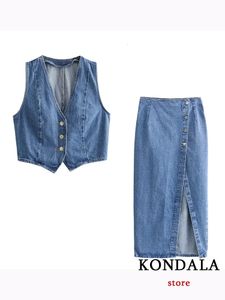 Kondala Casual Vintage Solid Denim Women Passar Single Breasted Sleeveless Vest Long Straight Split kjol Fashion Autumn Set 240312