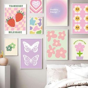 Dänisches Pastell Poster Ästhetisches buntes Leinwandgemälde Regenbogen Lila Grün Herz Schmetterling Blume Wand Kunstdruck Schlafzimmer Dekor