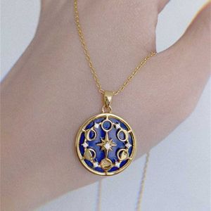 S925 silver plated 18K gold lapis lazuli star moon universe collarbone necklace wind sweater chain