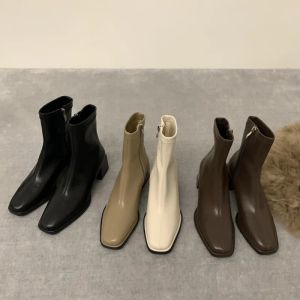 Stivali da donna quadrata stivali caviglia scarpe scrollata elastica tacchi a metà medio tacchi neri/marrone/beige stivali abbigliamento con cerniera con cerniera Donna taglia 3539