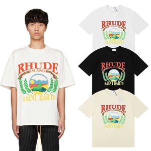 Meichao Rhude High Street Trendy Brand Sunset Beach Pattern مطبوعة من القطن الفضفاض غير الرسمي القميص القصيرة القصيرة متعددة الاستخدامات