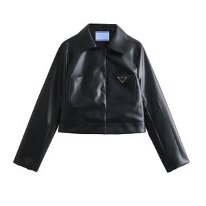 PDARA Original Design Women's Pu Jacket Fashion Classic Casual Bomber Jacket Högkvalitativ kappa Black Top Triangle Badge Arm Pocket Decorative Coat