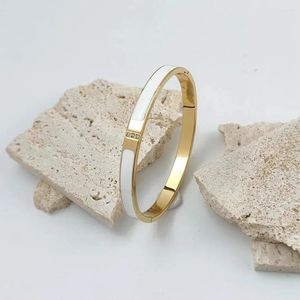 Bangle smycken vit emalj inlagd zirkonkvinnor armband rostfritt stål metallarmband charm 18k guld pläterade gåvor grossist