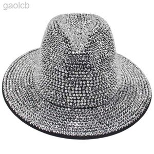 Breda randen hattar hink hattar diamant jazz fedora hatt bred brim cowboy hatt kvinnliga scenprestanda lysande handgjorda diamant vintage filt topp hatt 24323