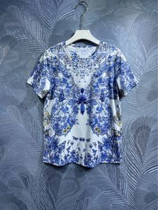 봄 여름 도자기 및 구슬 티셔츠 달콤한 여자 O- 넥 짧은 슬리브 인쇄 노트북