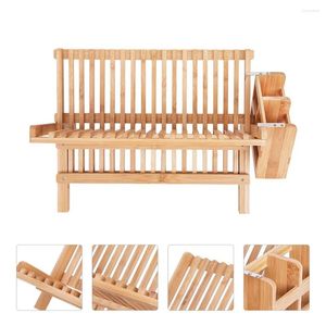 Kitchen Storage Wooden Plate Dish Drain Rack Drying Utensil Cutlery Holder Sink Drainer For Dishwashing