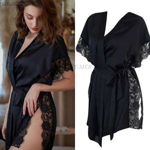 abiti da casa abito da sera a v-collo di seta artificiale veste da donna sexy slit hery abito da sera maniche in pizzo mini kimono principianti biancheria intimo2403