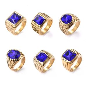 SDA Retro-Goldring, Klasse mittelalterlicher Stil, Punk-Herrenringe, quadratischer blauer Steinring für Männer, antike Goldfarbe, 240318