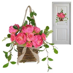 装飾的な花人工ローズリースフロントドアガーランドピンクフラワーバスケット農家ウェルカム装飾春祭り飾り飾り花柄