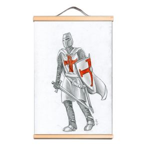 Vintage Knights Templar Wall Art Posters Crusades Armor Warrior Wall Hanging Scroll Painting with Solid Wood Axis Best Gift CD34