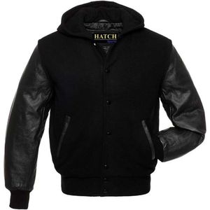 Hatch Sports Varsity Hoodie Beyzbol Letterman Bombacı Okulu Ceket Yün Vücudu ve Orijinal Cowhide Deri Kollu