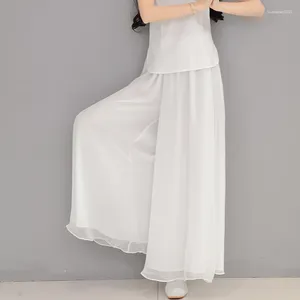 Calças femininas 2024 verão branco perna larga mulheres vintage sólido solto chiffon senhora elegante calças de alta qualidade