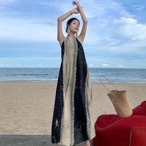 Casual Dresses Hault Women's Summer Maxi Boho Backless French Chic Dress A Line Beach Colorblock Stripes Vestidos Drop