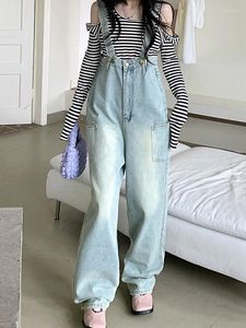 Jeans femininos slergiri vintage azul macacão para mulheres primavera verão 2024 streetwear estilo coreano solto casual perna larga denim calças