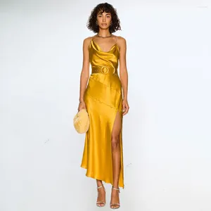 Casual Dresses Summer Gold Satin Dress Slip Swing Neck Backless Elegant Party for Women 2024 Formell tillfälle Evenning