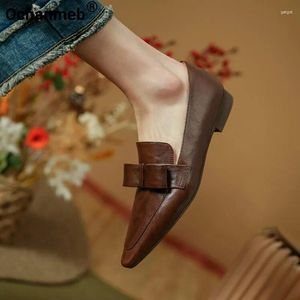 Casual Shoes Ochanmeb Real Leather Women Flat Loafers Black Brown Lovely Cute Bow-Knot Decoration Handgjorda slip-ons lägenheter Spring Autumn