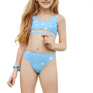 Mulheres Swimwear FS Bonito Menina Azul Em Torno Do Pescoço Oco Out Estrelas Imprimir Crianças Dividir Condole Cinto Maiô Duas Peças Terno De Banho Verão