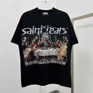 Herr t-shirts 2024 Spring Summer Saint Tears Heaven Presents Vintage Style T Shirt Men Women Saint Michael Tops Print Tee Cotton Black T-shirt J240322