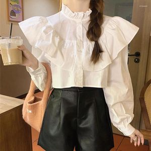 Женские блузки с рюшами и лоскутными рукавами, милые женские рубашки, белая однотонная блузка, укороченный топ, женская модная уличная одежда, корейская весна