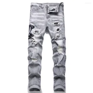 Jeans masculinos homens cobra bordado cinza denim streetwear buracos rasgados calças estiramento magro calças retas