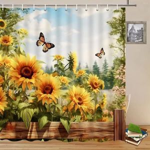 Shower Curtains Sunflower Farm Fence Flower Butterfly Plant Leaves Floral Spring Scenery Rustic Bathroom Decor Polyester Curtain