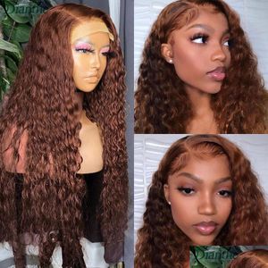 Lace Wigs 13X4 Transparent Dark Brown Deep Wave Frontal Wig Chocolate Pre Plucked With Baby Hair Front Brazilian Human 150% On Drop De Dhzlg 610 Wigs