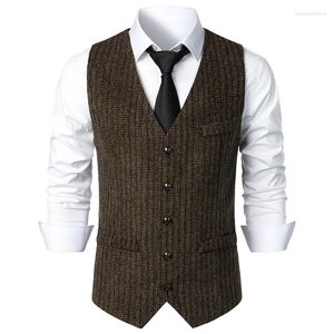 Herrenwesten Herren Herringbone Tweed Anzugweste Vintage V-Ausschnitt Weste für Hochzeit Trauzeugen Business Casual Formal Slim Fit Kleid Homme