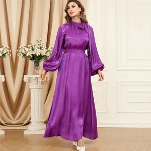 Etnik Giyim Saten Kadınlar Uzun Elbise Müslüman Arap Abaya Elegant Partisi Akşam Elbisesi Yukarı Yakalı Fener Kollu Mütevazı Fas Jalabiya