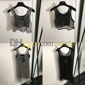 Luxury Diamond Dress Sexy Mesh Sling Tank Shiny Hollow Rhinestone T Shirts Women Party Skirts Summer Short Sleeve Top