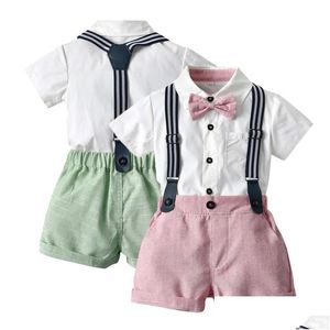 Roupas de roupas para criança roupas de menino conjunto de verão garotas de terno de cavalheiro de 1 a 4 anos de manga curta camisa de gravata borbole