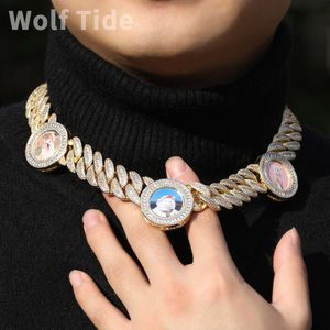 Hip Hop Bling Foto Personalizada Colar de Corrente de Elo Cubano Ins Foto Redonda Diy Imagem Ouro Diamante Curb Correntes Unissex Personalizado Iced Out Cubic Zirconia Crystal Jewelry