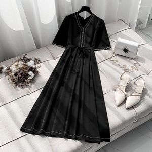 Party Dresses Black A-Line Knee-Length Women Dress Summer Flare Sleeved Sashes Elegant Office Lady Outwear