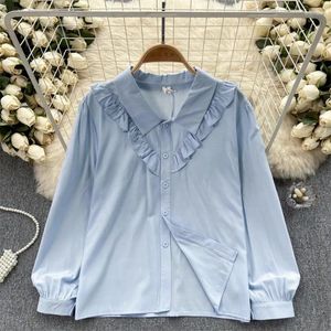 Camicette da donna Camicie casual primaverili per le donne Bordo a balze Colletto rovesciato Camicetta lunga con maniche a sbuffo French Chic Femminile Blusa Drop