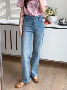 Kvinnors jeans hög elastiska raka kvinnor vintage bred ben full längd denim byxor streetwear våren 2024