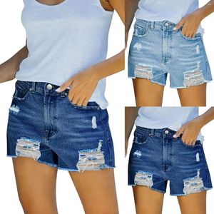 Kvinnors shorts mode kvinnor mini korta jeans sexiga babes rippade ihåliga fickor denim hög midja fast färg mager mujer