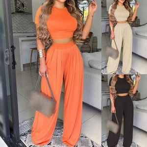 Summer Elegant Women Solid Casual Fitness Tracksuit Set Outfits Short Sleeve Crop Tops Trouser Flare Pants 2 Two Piece 240315