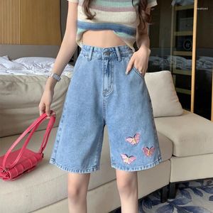 Damenhosen S-5XL Denim Shorts Frauen Sommer Übergroße Hohe Taille Stickerei Breites Bein Knielange Jeans Freizeit Lose Damen