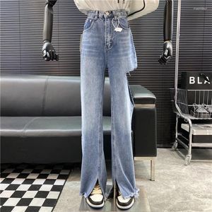 Jeans femininos 2024 designer de moda cintura alta vintage uma perna lado rasgado dentro da bainha calças retas