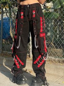Cyber Punk Unisex Cargo Wide Leg Pants Chain Bandage Ruched Tie Capris Pants Women Gothic Baggy Trousers BF Hippie Grunge Jogger 240309