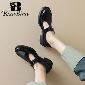 Sapatos casuais Rizabina Est mulheres bombas de couro real dedo do pé redondo salto grosso mocassins senhora vintage t-fivela lazer diário artesanal