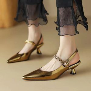 Boots Women's Sandals Gold Chain Slingbacks Pointed Toe Mary Janes Dress Shoes Spike Heels Designer Shoes for Woman Black Pumps 1368N